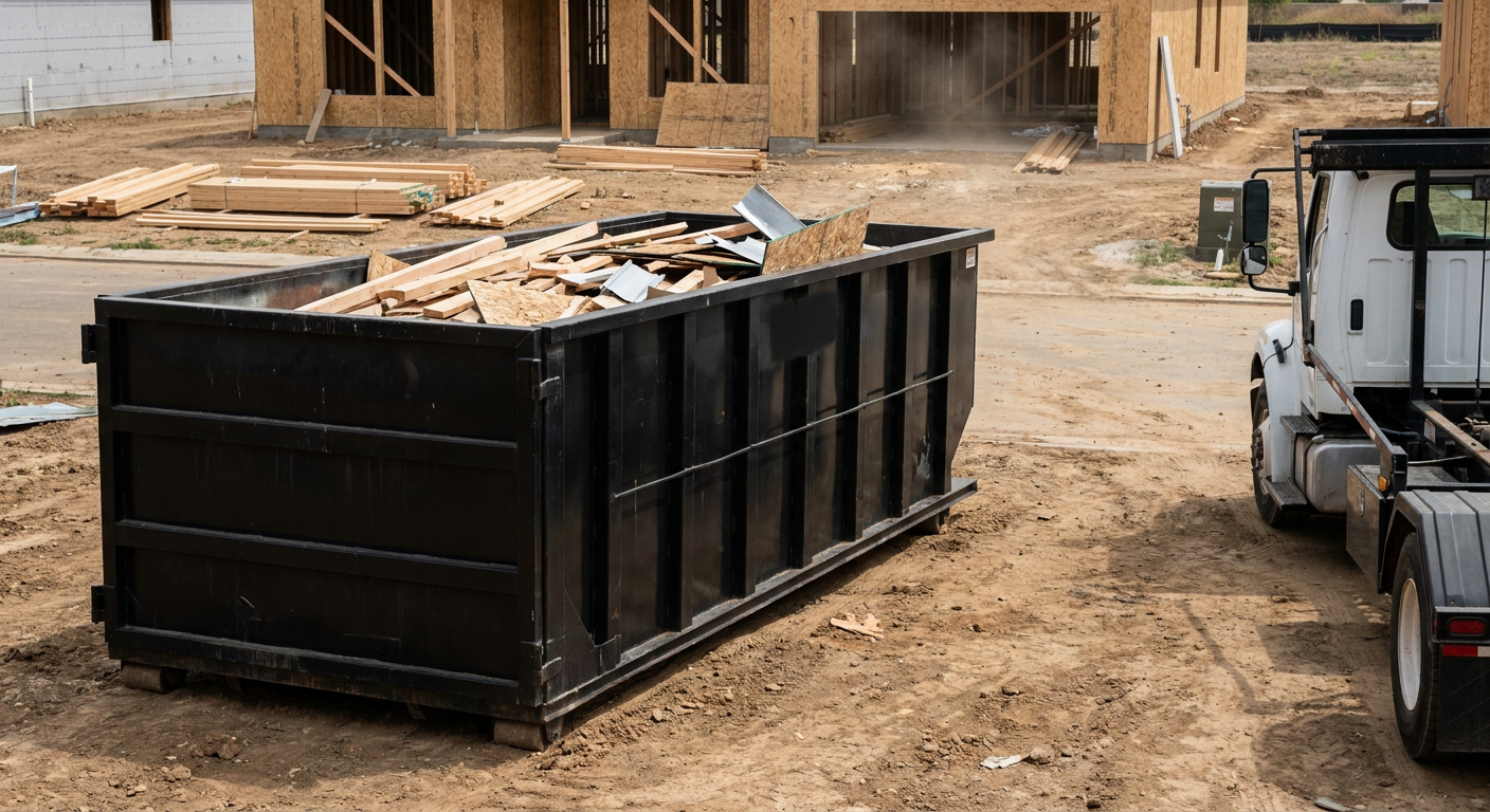 Matte-black 20-yard roll-off construction dumpster with heavy ribbed steel sidewalls and swing rear doors at a working jobsite in Colorado Springs, sitting directly on compacted dirt with an unmarked white hauler partially visible at the far edge of the frame.