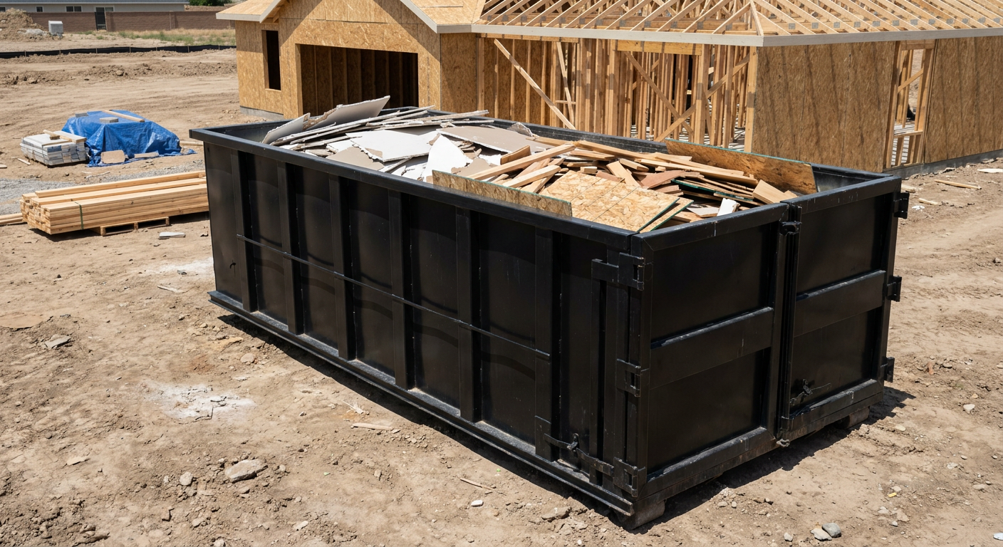 Matte-black 30-yard roll-off construction dumpster sitting directly on the compacted-dirt site of a framed single-family home build in Colorado Springs, drywall and lumber scrap loaded inside.