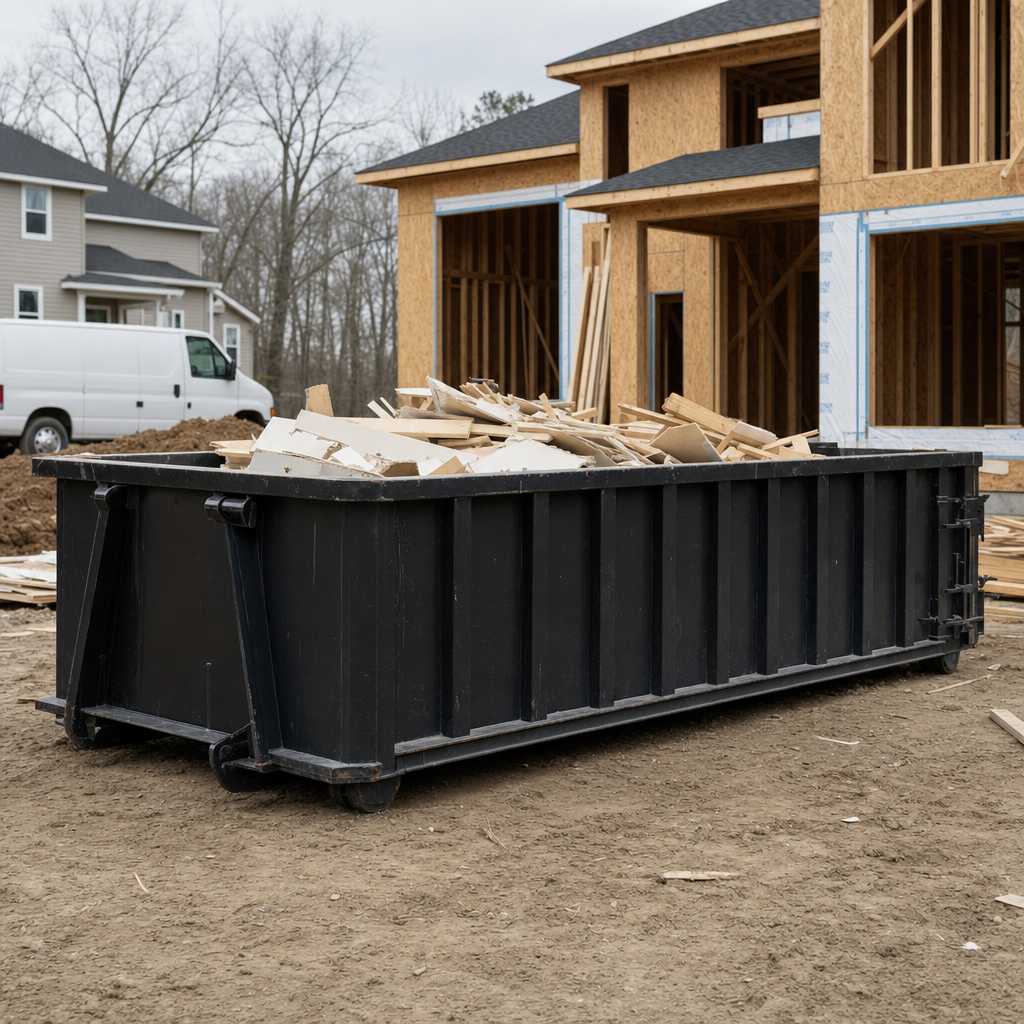 Worker in a yellow high-visibility vest tossing framing lumber and broken drywall into a matte-black 30-yard construction roll-off dumpster on an active build site in Colorado Springs, bright daylight