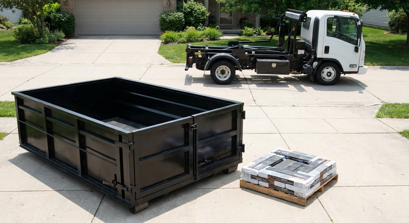 Matte-black 15-yard roofing roll-off dumpster with reinforced low side walls sitting directly on a Colorado Springs residential concrete driveway, three-tab asphalt shingle bundles stacked nearby, an unmarked white hauler truck partially visible at the edge of the frame.
