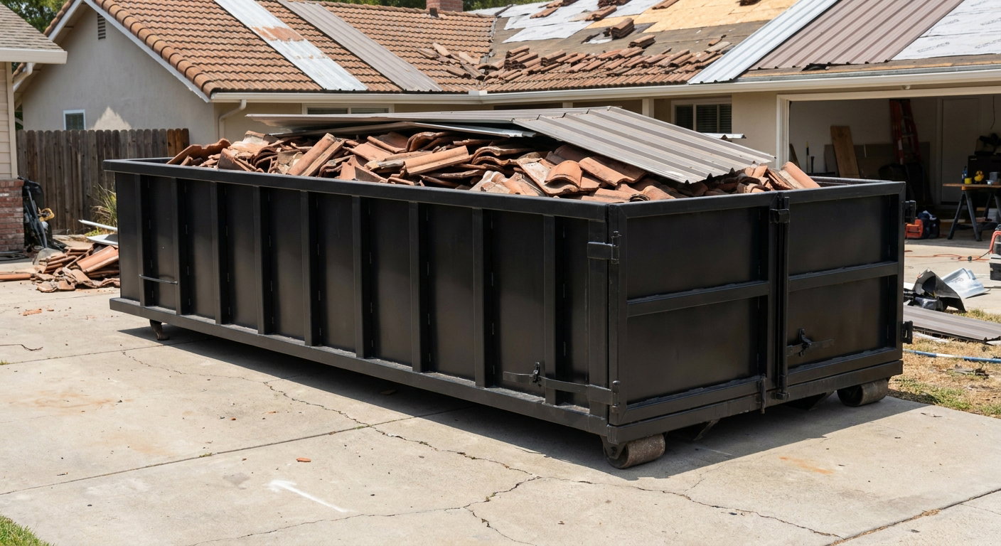 Matte-black low-wall heavy-debris roofing roll-off dumpster sitting directly on a Colorado Springs concrete driveway, broken concrete clay roof tiles and metal panel sections loaded inside, reinforced ribbed steel side walls visible, bright outdoor daylight.
