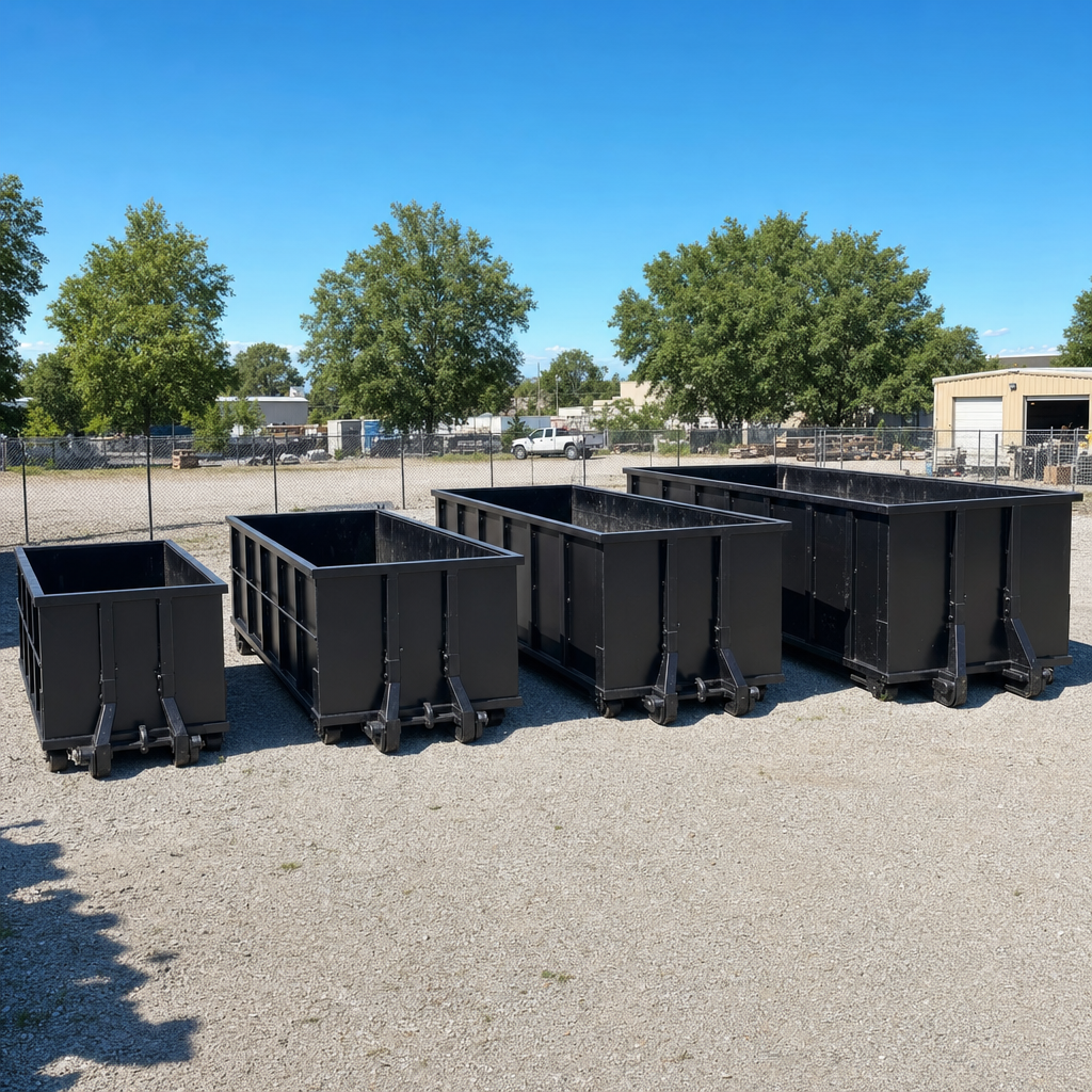 A clean lineup of matte-black roll-off dumpsters in 10, 20, 30, and 40-yard sizes staged on a sunlit gravel yard in Colorado Springs, showing the size progression from compact to commercial-scale containers.