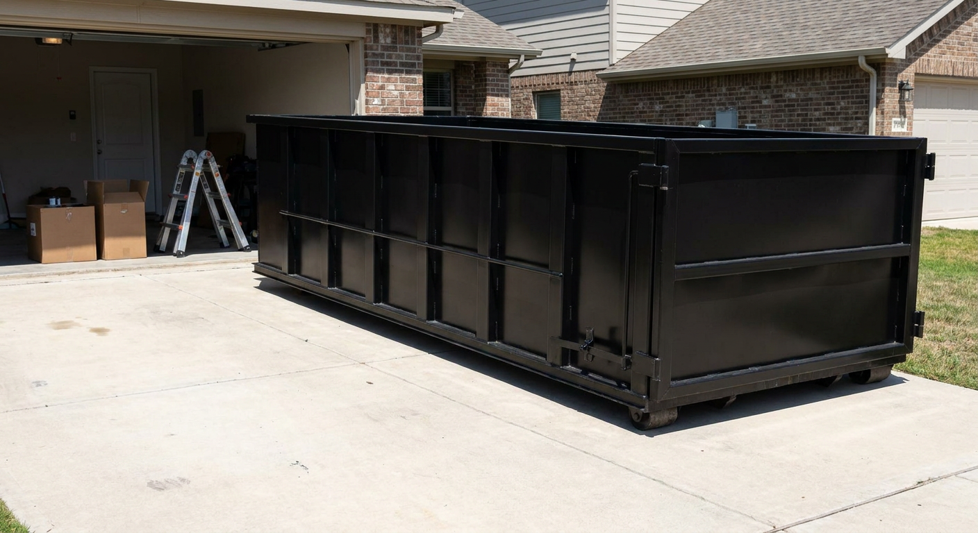 A matte-black 10-yard roll-off dumpster sitting directly on a residential Colorado Springs concrete driveway, mid-day sunlight, clean and ready for a garage cleanout.