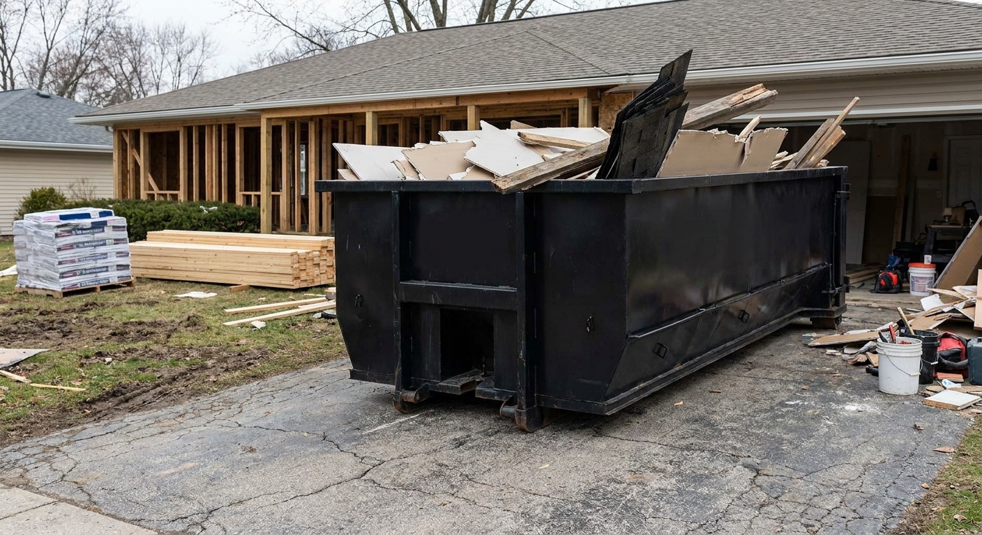A matte-black 20-yard roll-off dumpster placed alongside a mid-renovation Colorado Springs home directly on the asphalt driveway, with framing materials and torn-off shingles staged neatly nearby.