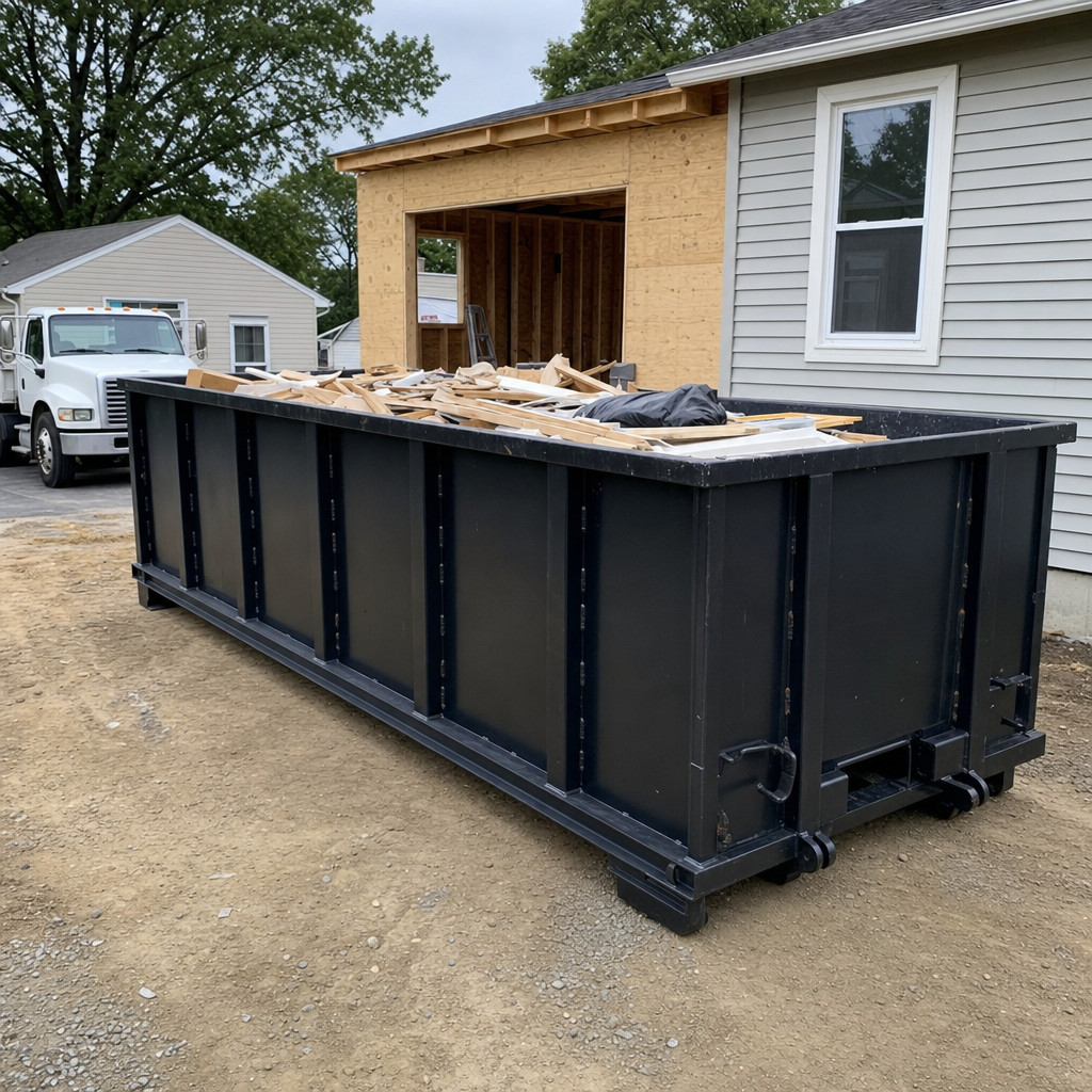 A matte-black 30-yard roll-off dumpster positioned at a Colorado Springs residential addition jobsite, with framing lumber and drywall scraps loaded through the open swinging rear doors.