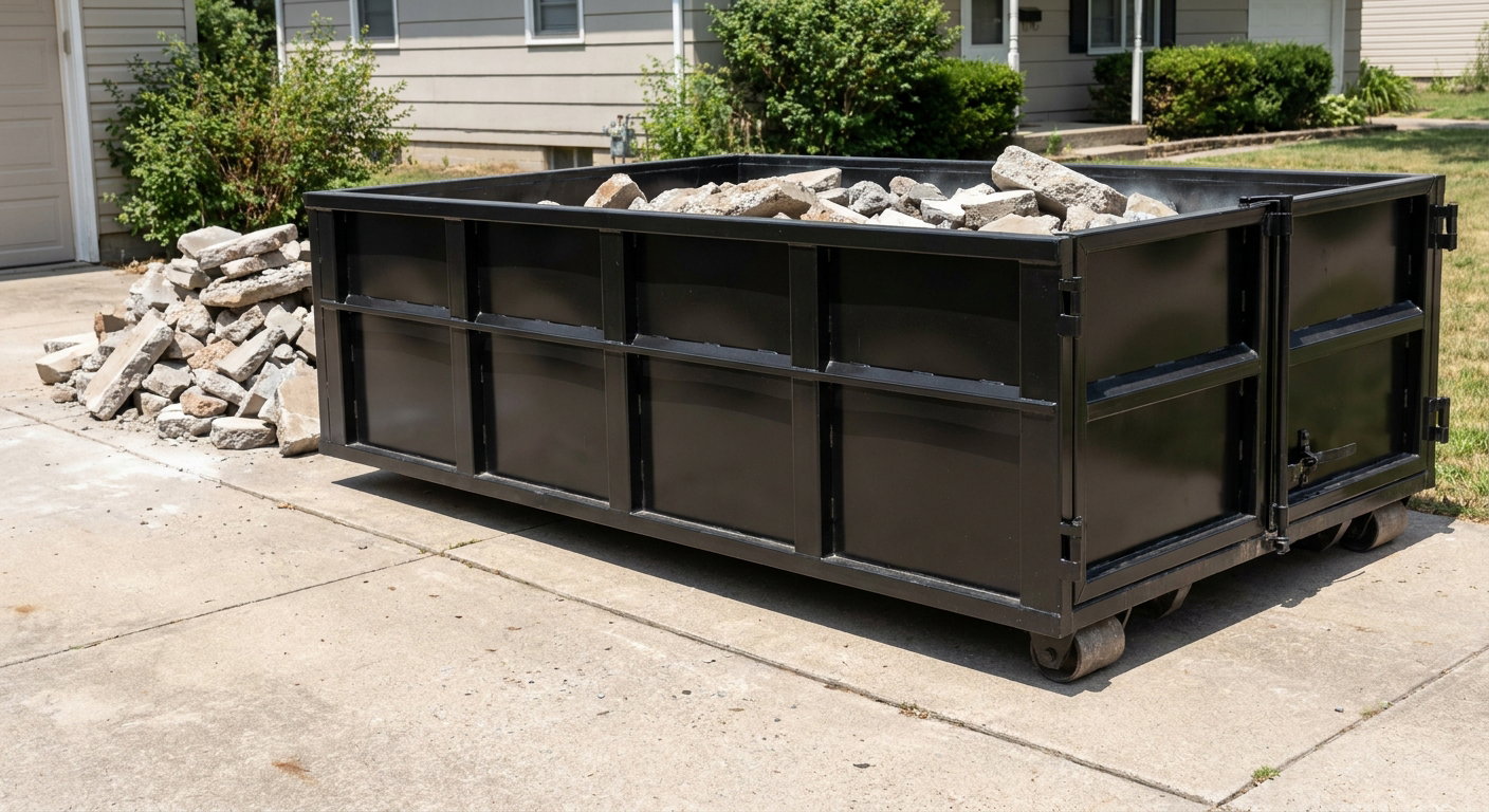 A matte-black low-side heavy-debris roll-off dumpster placed directly on a Colorado Springs concrete driveway, with broken concrete chunks neatly stacked beside it under clean daylight.