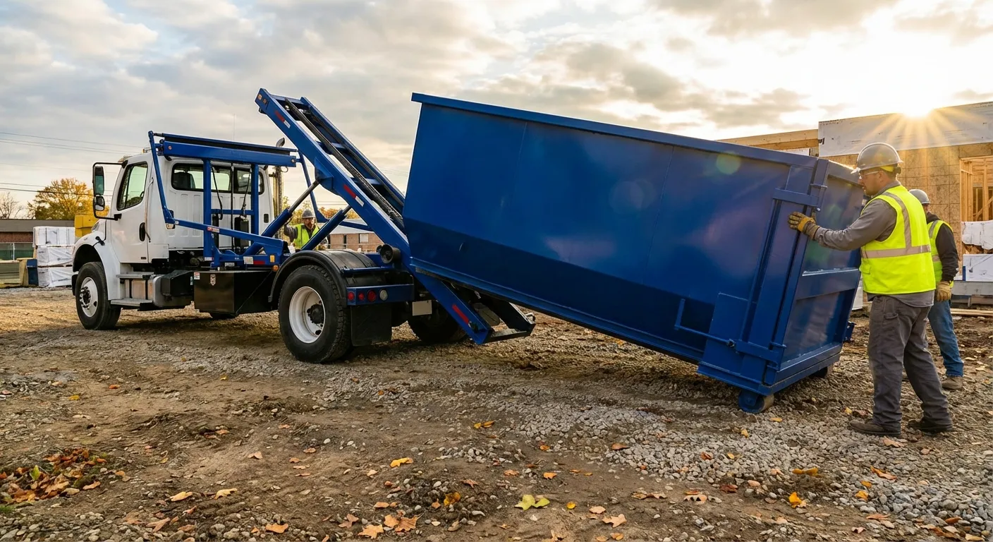 Construction dumpster delivery truck at job site in Colorado Springs, CO