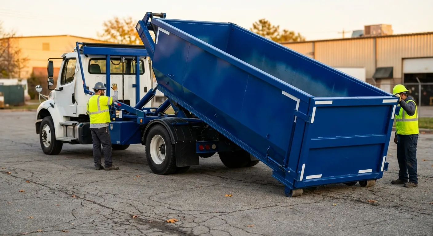 Roll-off dumpster rental truck protecting driveway surfaces in Colorado Springs, CO